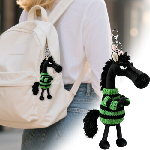 Μπρελόκ Aloof Black Horse, βελούδινο μπρελόκ με πράσινο ριγέ πουλόβερ 8" – Γούρι τσάντας