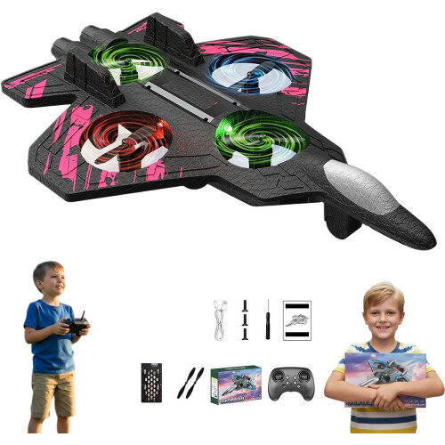 Jato de brinquedo Skyriders RC com giros de 360 e luzes LED.