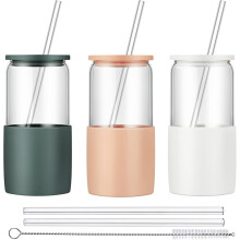 Glazen beker van 473 ml met rietje en deksel, BPA-vrije ijskoffiebeker, siliconen hoes + schoonmaakborstels – 3-delige set