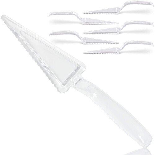 6-Pack 10" Clear Plastic Pie Server, Heavy-Duty Disposable Cake Server & Cutter, Compatible with Standard Platters