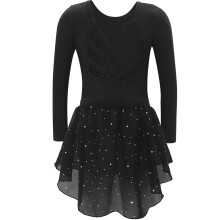 Girls Dance Leotard Long Sleeve with Back Sparkly Skirt Two Piece Set for Performance Gymnastics Practice Recital,Z01 Black,9-10 Years