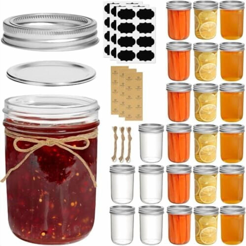 Μικρά βάζα Mason 8oz Σετ 24 τεμαχίων, κανονικό στόμιο με καπάκια και ταινίες – Συμβατό