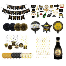 Décorations du Nouvel An 2026 (61 pièces, noir et or) : bannière, accessoires photo, ballons en aluminium et en latex – Compatibles avec les