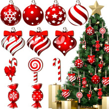 12pc Red & White Christmas Tree Ornaments, 2D Wooden Shatterproof Baubles with Ribbons, Indoor/Outdoor Holiday Decor – Compatible with Standard Tree