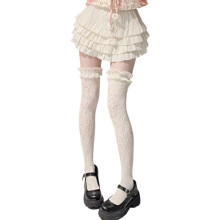 Meias 7/8 femininas japonesas transparentes com renda floral.