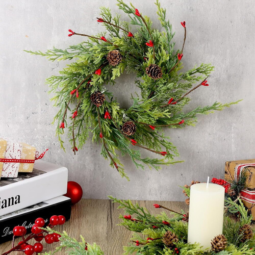 Artificial Cedar Pine Christmas Wreath with Red Berries 9 1