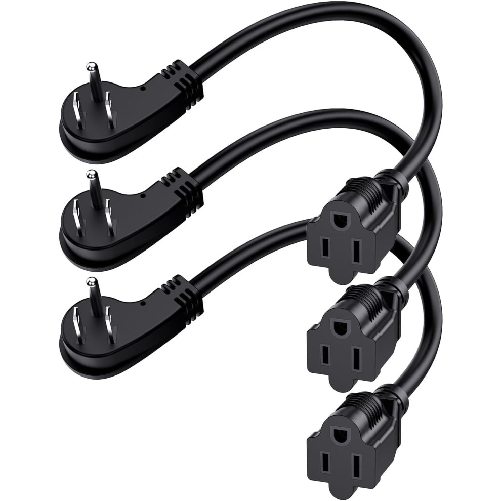 1Ft Flat Plug Short Extension Cord, 90 Degree Plug Adapter, Low Profile 3 Prong Small Grounded Cords 14 Awg 15A 1875W 3 Pack Black 9405492159341