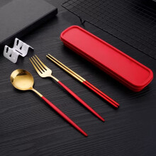 Portable 3-piece stainless steel cutlery set - gold handle fork, spoon, chopsticks with green travel outdoor storage box