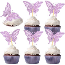 48 Pcs Purple Retro Butterfly Cupcake Toppers, 3D Glitter, Double Layer, Compatible with Standard Cupcakes