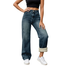 Dameforede jeans med vide ben, højtaljede stretchy jeans med lige ben, afslappede vinterbukser med lommer