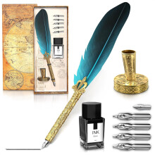 Ensemble plume et encre bleues pour calligraphie (1 ensemble)