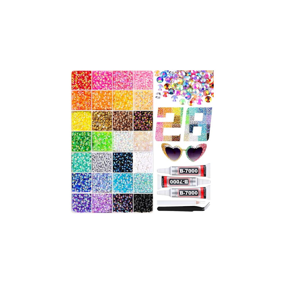 13000pcs 4mm Resin Rhinestones + 3pcs B7000 Glue, Multicolor Flatback Gems for DIY Crafts, Clothing, Tumblers, Shoes, Fabric & Nail Art