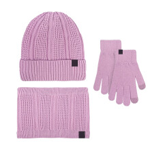 Set invernale in maglia per uomo e donna: cappello, sciarpa e guanti per il freddo, berretto morbido e guanti touchscreen, colore viola.