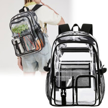 Zaino nero trasparente – Zaino resistente e trasparente, grande capacità e con molte tasche, zaino trasparente per scuola, lavoro, viaggi e stadi,