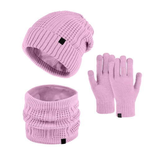 Ensemble bonnet, écharpe et gants unisexe en maille violet 1