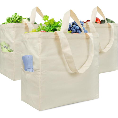 Sacola de lona resistente com bolsos (pacote com 3)
