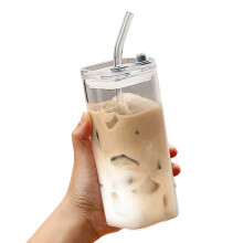Mug carré transparent en verre avec couvercle et paille, résistant à la chaleur, pour thé et café - 400 ml
