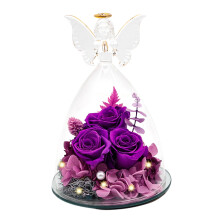 Rose préservée sous cloche en verre avec figurine d'ange, cadeau élégant pour la Saint-Valentin.