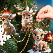 3pcs Cute Reindeer Xmas Ornaments, Acrylic Cartoon Deer Tree Decorations for Christmas, Party & DIY – Style A+B+C (Brown), Compatible with Standard