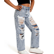 Girls Casual Jeans Snow Wash Distressed Wide Leg Pants for Teen Girls Comfortable Loose Fit Denim Trousers for Kids,Z05 Light Blue,10-11 Years