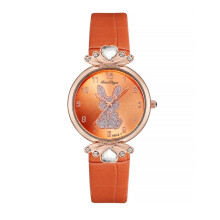 Women's Cute Rabbit Quartz Watch with Crystal Accents – Orange Leather Strap, Compatible with Daily Wear & Gifting