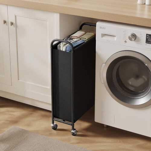 Λεπτό καλάθι πλυντηρίου με ρόδες Black80L - Υφασμάτινο καλάθι με ρολό για ντουλάπα 1