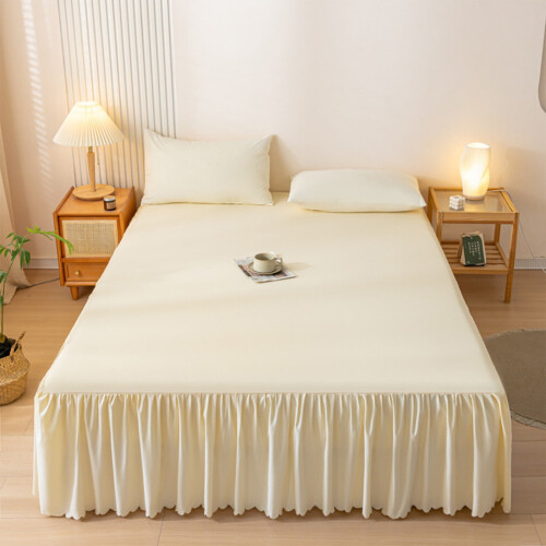 Falda de cama color beige liso con borde de algodón lavado 1