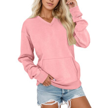 Dameshoodie met V-hals en zakken, losse pasvorm, zachte stof, lange mouwen, casual top – roze, geschikt als winterse loungewear.