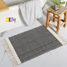 Boho Bathroom Rugs 2x3, Lightweight Woven Cotton Front Door Mat with Tassels, Farmhouse Washable Black & White Low-Pile Rug for Entry, Laundry –