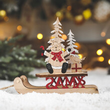 Traîneau en bois avec rennes et Père Noël, décoration de table, figurine de Noël rustique pour la maison et les étagères (A)