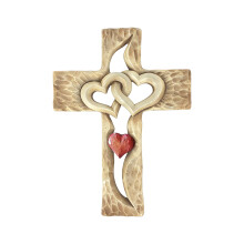 Hand-carved wood cross with intertwined hearts, coffee brown wall decor—compatible with wedding-style love wall displays.