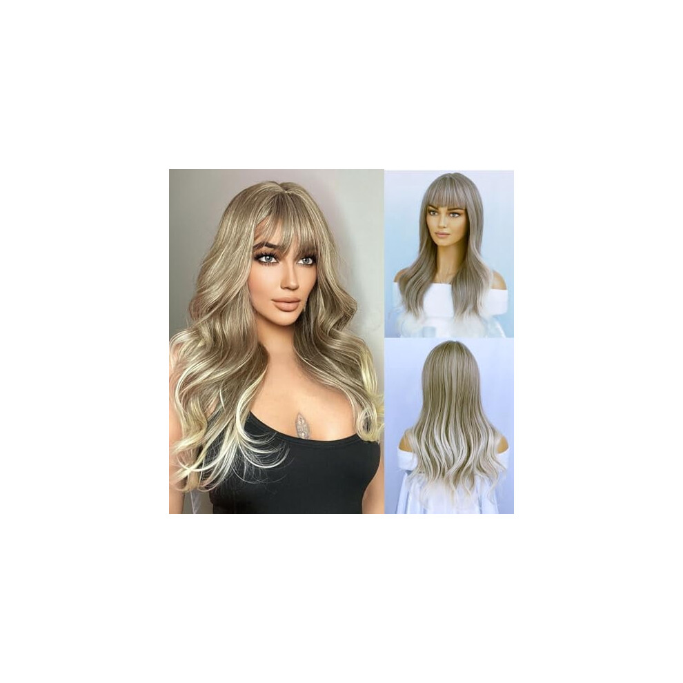 Blonde brown wavy synthetic wig with bangs 26 inches