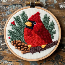 DIY Punch Needle Kit: Red Cardinal & Pine Leaves, Easy for Beginners, Stamped Pattern, Hoop Included – Craft & Home Decor