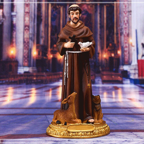 Estátua de São Francisco pintada à mão com pássaro e cruz. 1