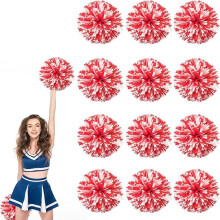 12pcs 10" Metallic Foil Cheer Pom Poms with Handle & Flowers – Compatible with Cheerleading, Dance, Sports & Party