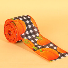 Höstpumpatrådigt band, 6,5 cm x 49 cm, orange säckväv med höstlöv, kompatibelt med Thanksgiving och höstdekorationer