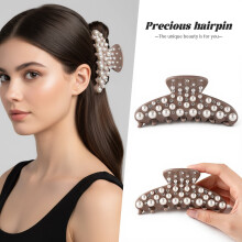 Pince à cheveux ornée de perles et de cristaux pour femme, pince décorative antidérapante, accessoire de coiffure style vintage (marron/noir)