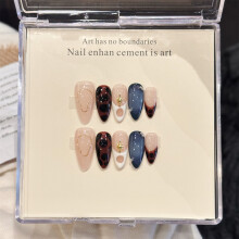 (3232 Beige, M) 10Pcs Almond Gold Foil Leopard French Press On Nails