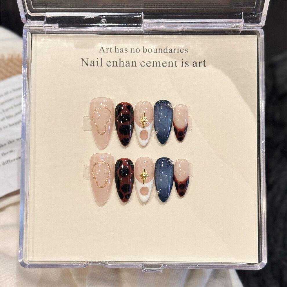 Reach-Tools (3232 Beige, L) Gold Foil Leopard French Press On Nails - 10Pcs