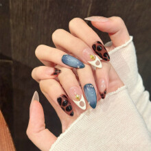 (3232 Beige, XS) 10Pcs Almond Gold Foil Leopard French Press On Nails
