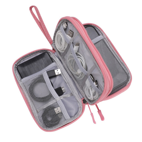 (Pink double-layer data cable package) Travel Cable Organizer Case for Chargers & Cords