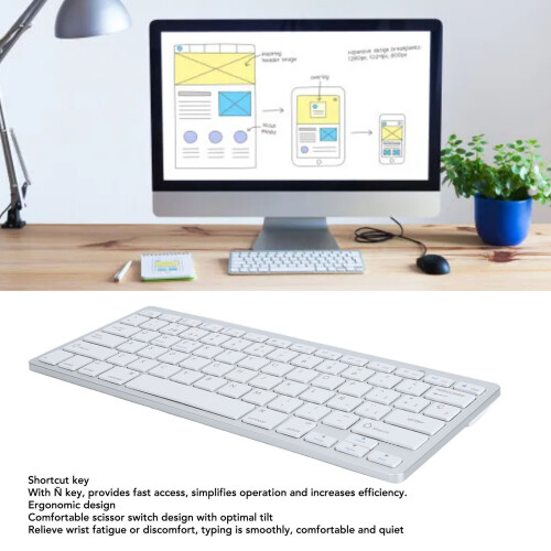 78 Keys Wireless Bluetooth Spanish Keyboard Thin Silver White for Laptop & Desktop 2