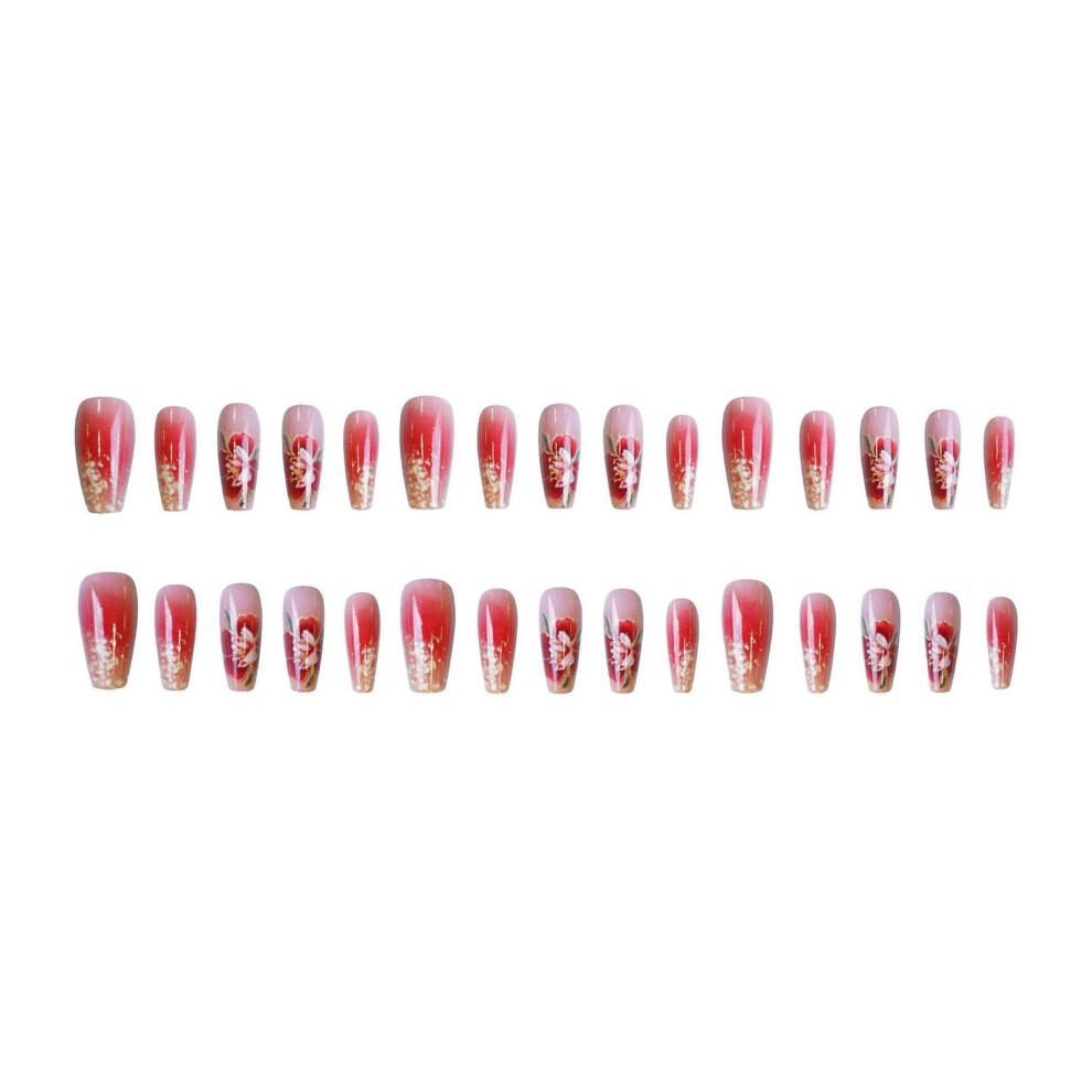 Penghui-Toys Red Elegant Floral Fake Nails 24Pcs Wedding Party