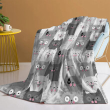 Coperta in poliestere morbida e soffice, grigia, stile Art Déco, per divano, letto, soggiorno, con stampa di gatti, traspirante, 70 x 100 cm.