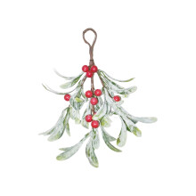 Décoration de gui, boule de gui artificiel, ornement de Noël à suspendre avec nœud en velours rouge et baies rouges, version A