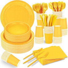 Conjunto descartável amarelo para festa – pratos, copos, talheres,