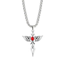 Titanium Steel Winged Red Stone Cross Pendant Necklace, 26" Hip-Hop Collarbone Chain – Compatible with All Styles