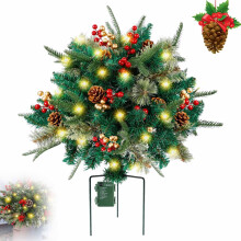 Pre-Lit 16in Artificial Christmas Tree Urn Filler with LED Lights, Pine Cones & Berries – Battery Operated, Compatible with Outdoor/Indoor Use