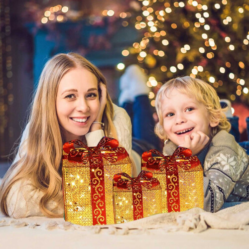 Caixa de presente de Natal pré-iluminada com laço, pacote com 6 unidades 1