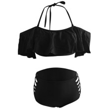 Bikiniset för kvinnor, stor storlek split baddräkt bikini split baddräkt off shoulder volangkant strandbikini för kvinnor, dambikini, svart, XL